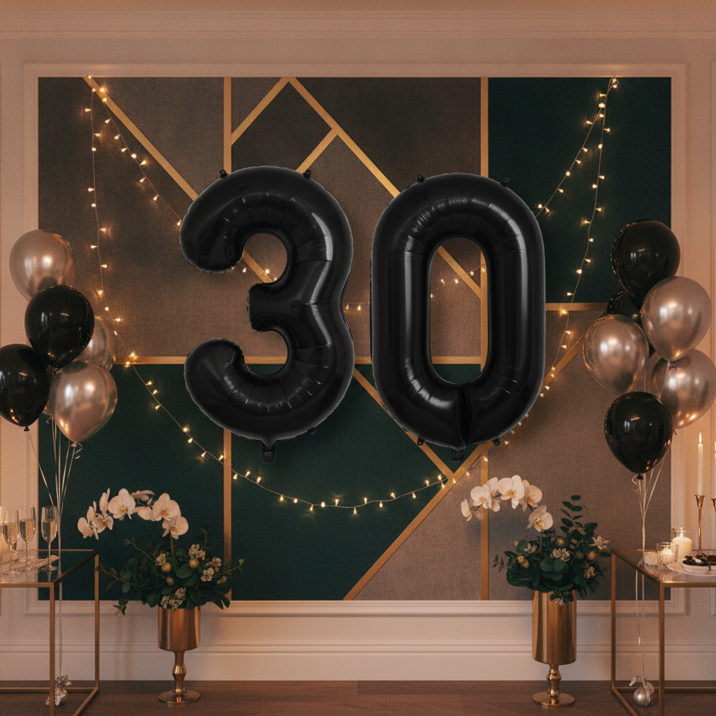 Black 30th birthday party decoration with number balloons