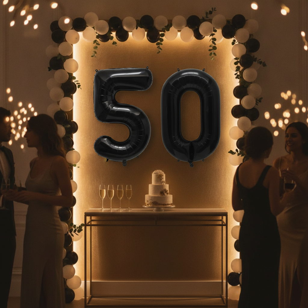 Black 50th birthday party decoration with number balloons