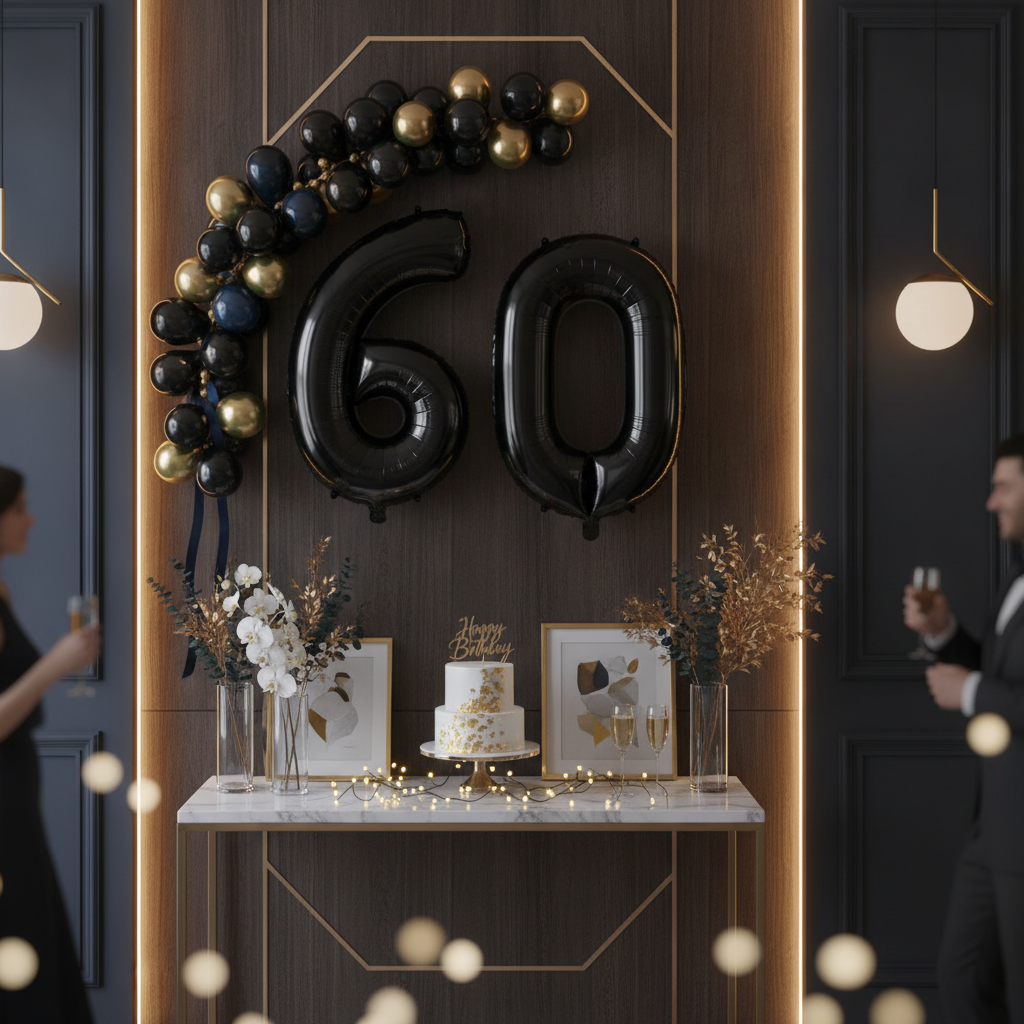 Black 60th birthday party decoration with number balloons