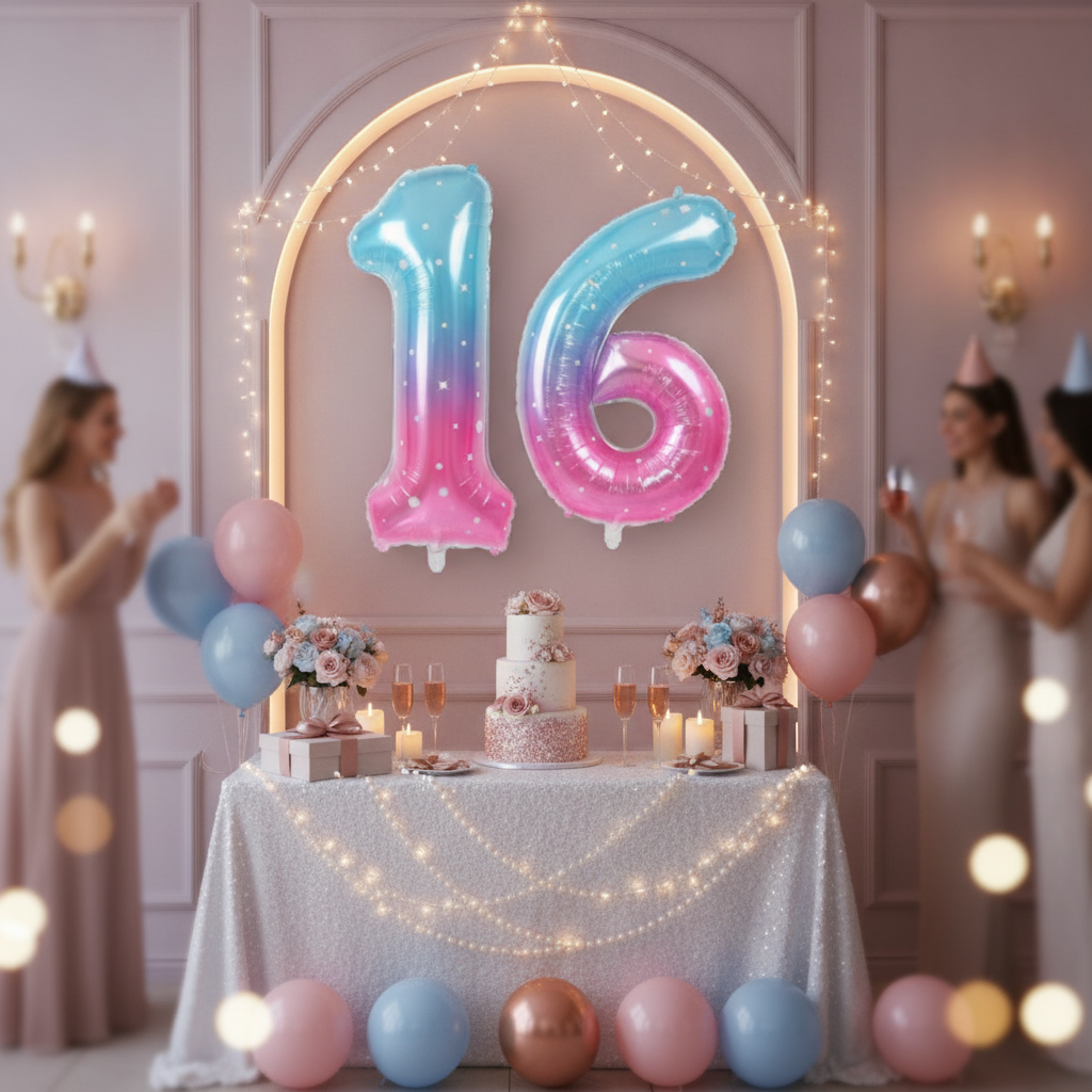 Blue Pink Ombre 16th birthday party decoration with number balloons