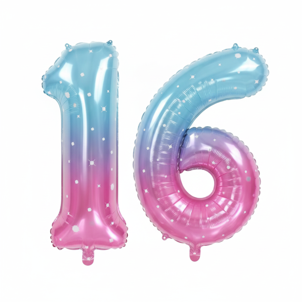 Blue Pink Ombre 16th birthday number balloons 40 inch foil set