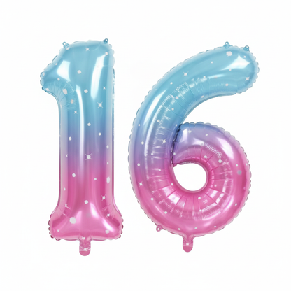 Blue Pink Ombre 16th birthday number balloons 40 inch foil set