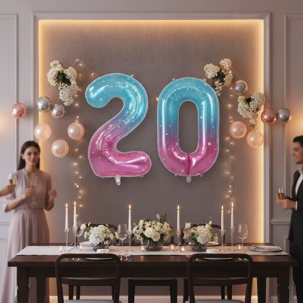 Blue Pink Ombre 20th birthday party decoration with number balloons