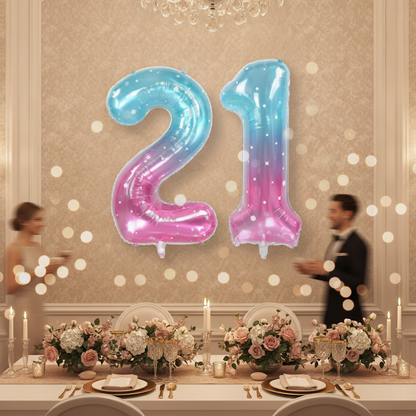 Blue Pink Ombre 21st birthday party decoration with number balloons