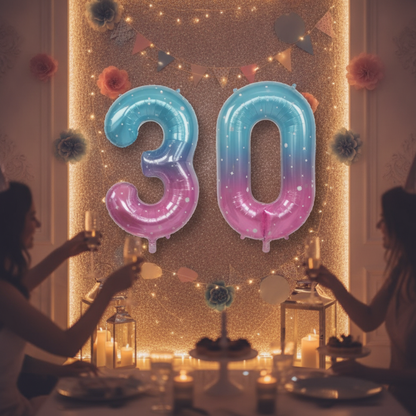 Blue Pink Ombre 30th birthday party decoration with number balloons