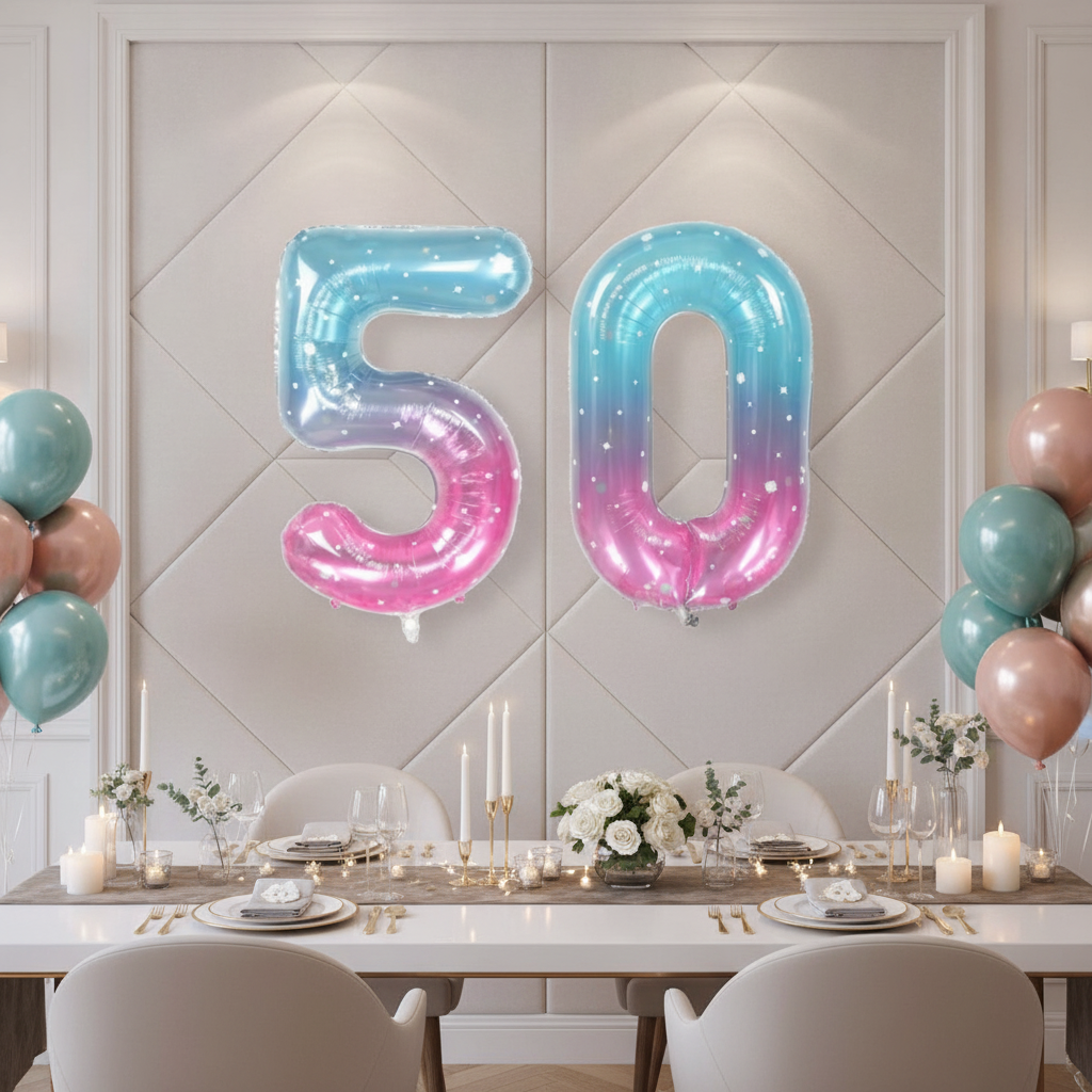 Blue Pink Ombre 50th birthday party decoration with number balloons
