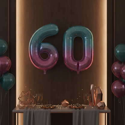 Blue Pink Ombre 60th birthday party decoration with number balloons