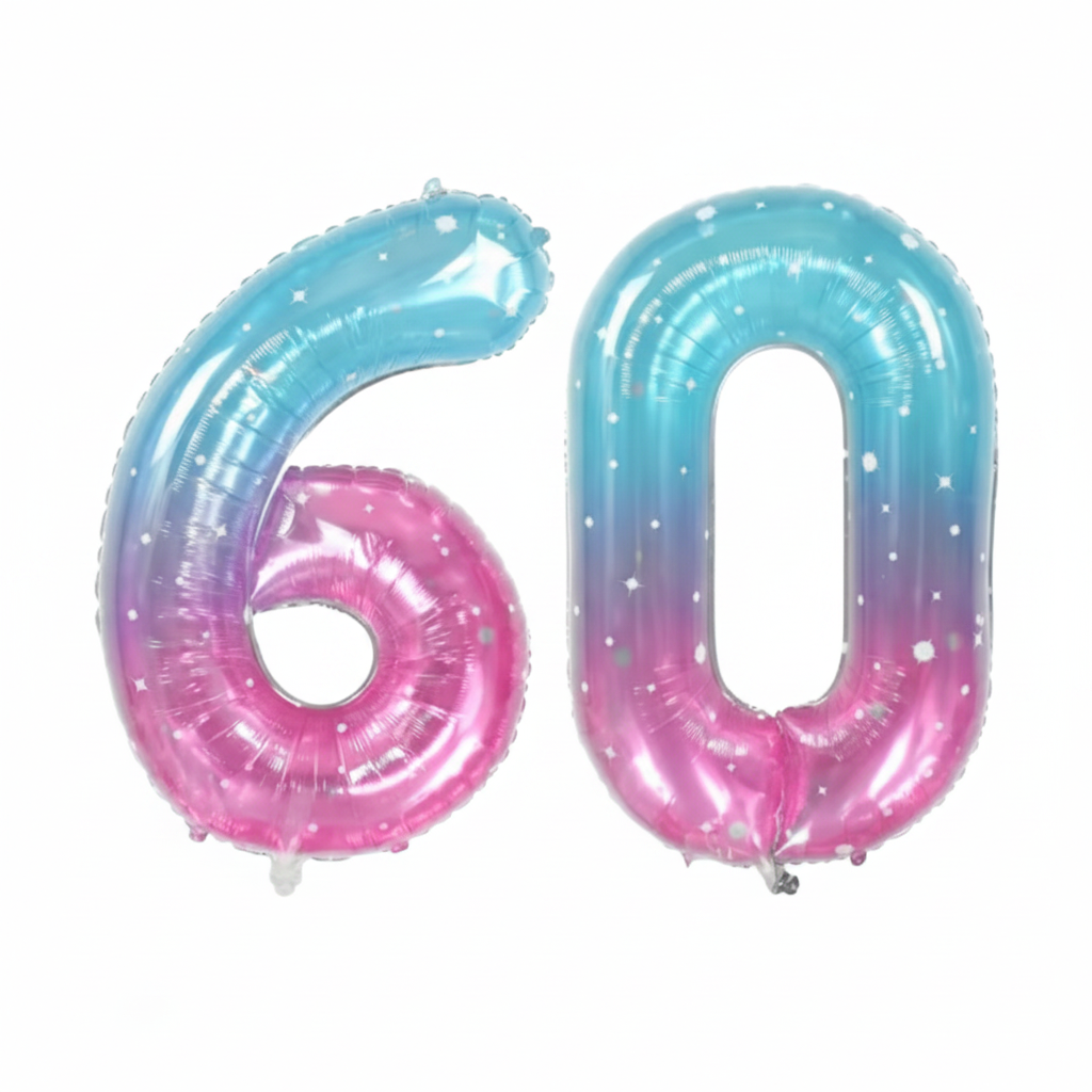 Blue Pink Ombre 60th birthday number balloons 40 inch foil set