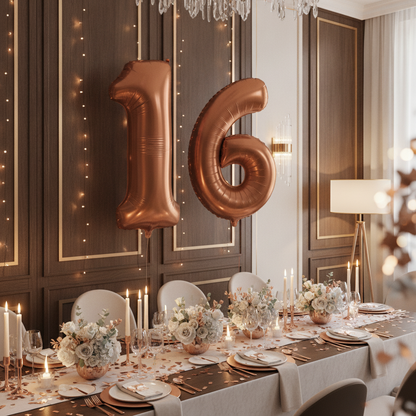 Brown 16th birthday party decoration with number balloons