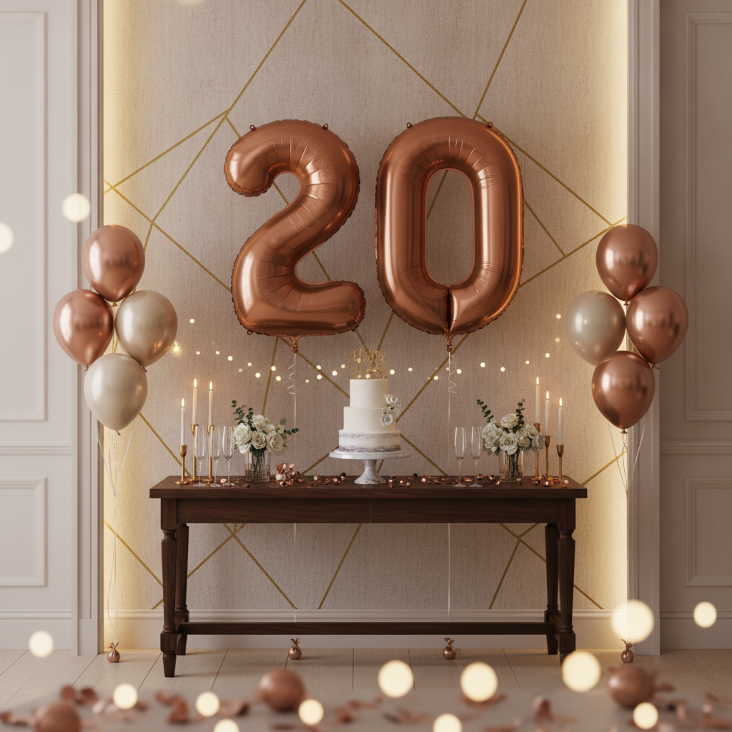 Brown 20th birthday party decoration with number balloons