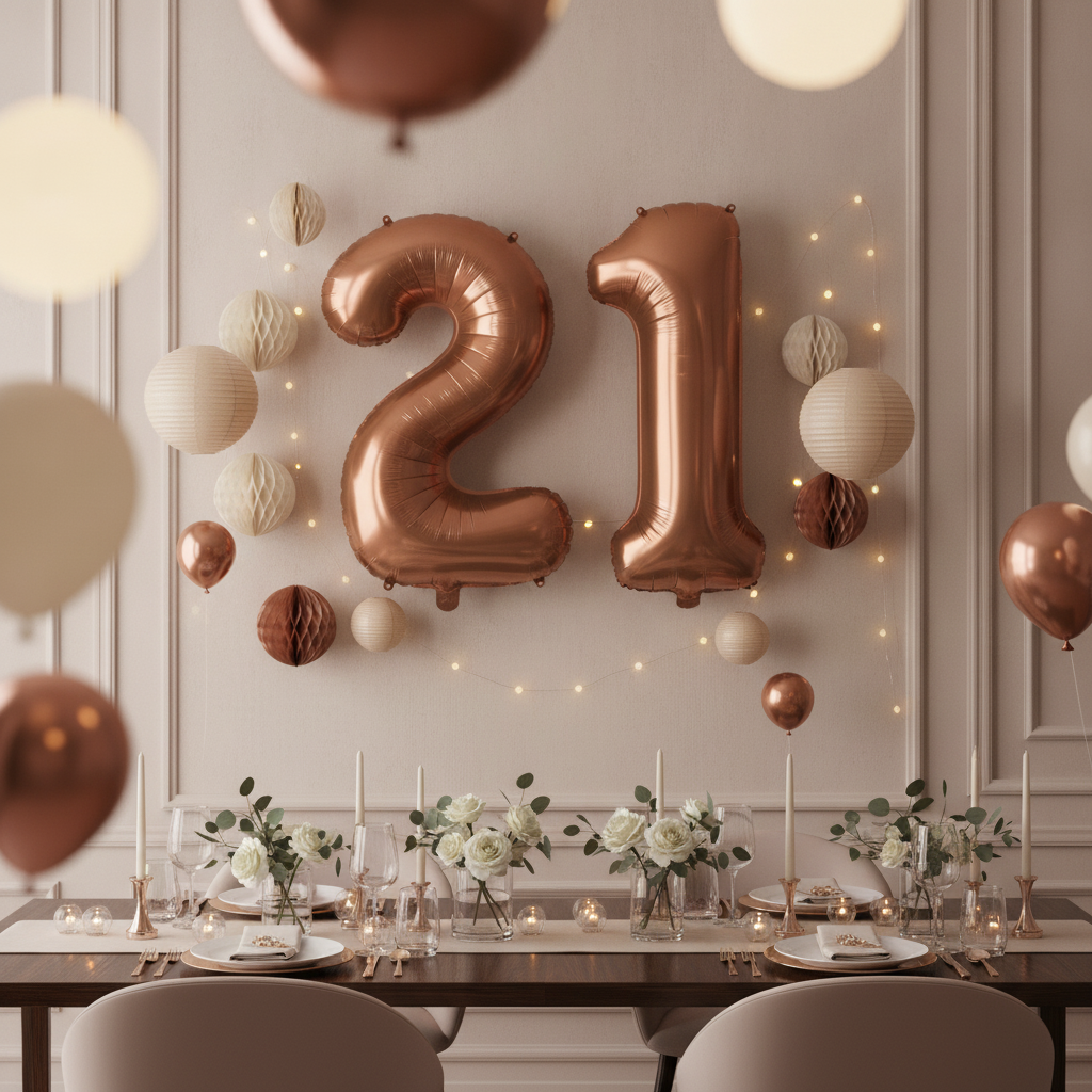 Brown 21st birthday party decoration with number balloons
