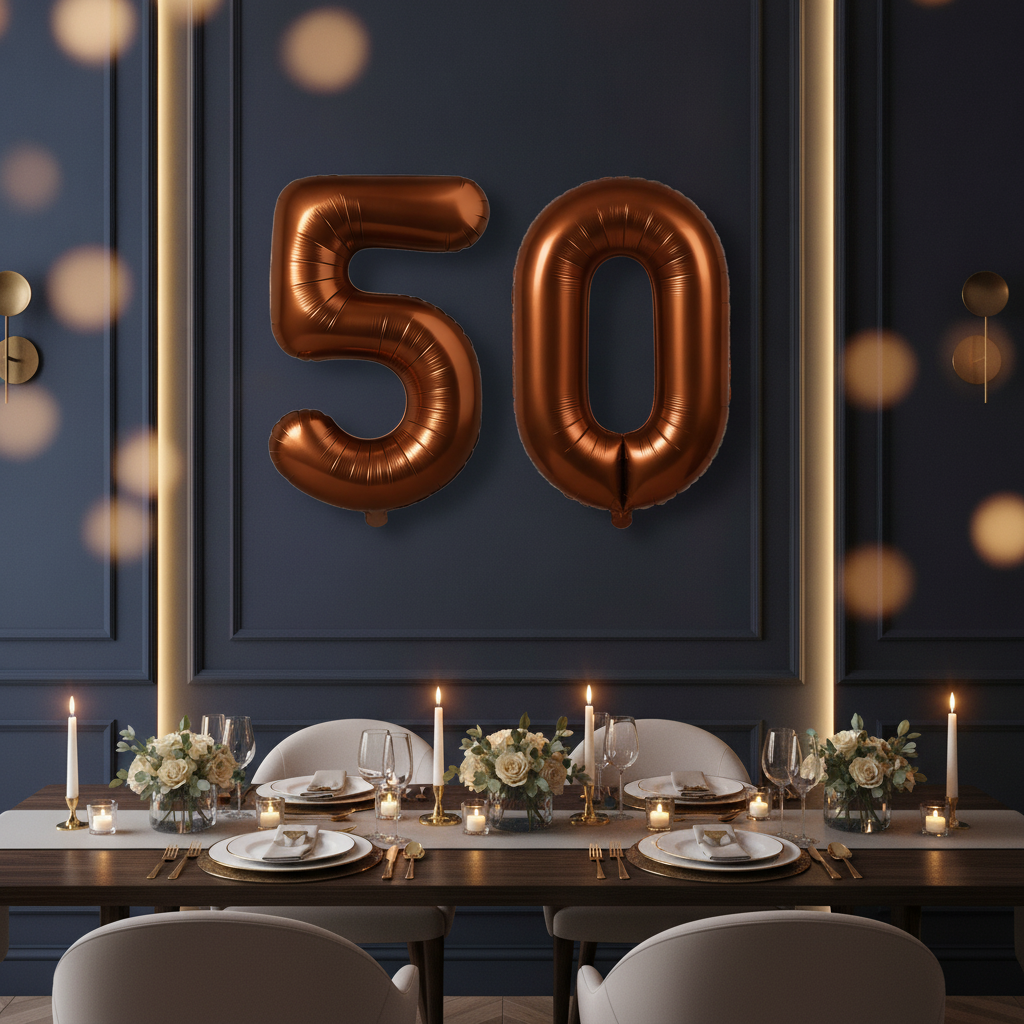Brown 50th birthday party decoration with number balloons