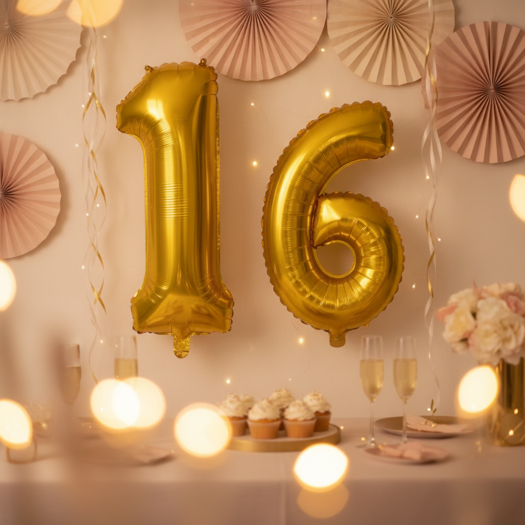 Gold 16th birthday party decoration with number balloons
