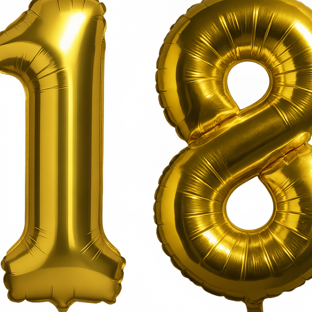 Gold 18th birthday 40 inch foil number balloons self-sealing valves and tabs close-up detail