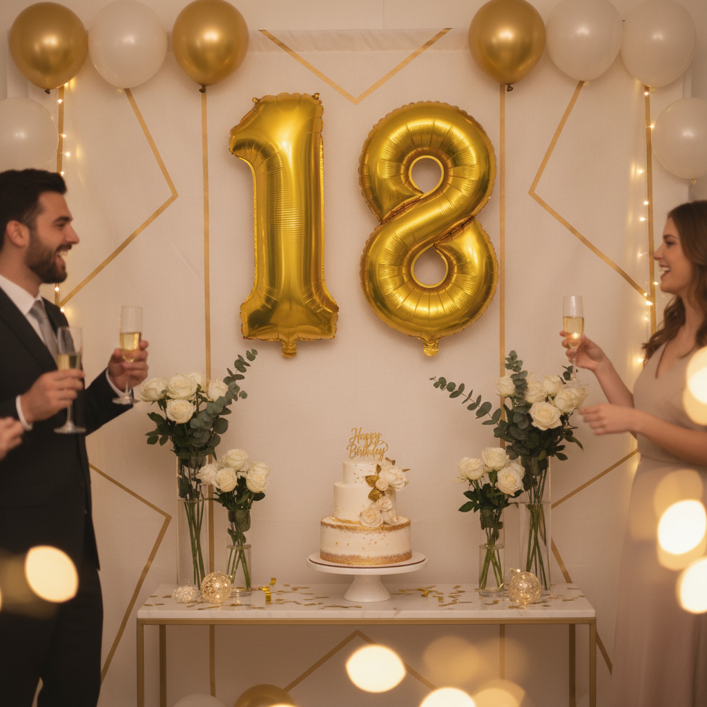 Gold 18th birthday party decoration with number balloons