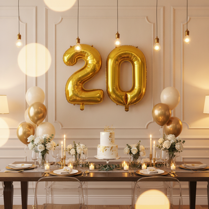 Gold 20th birthday party decoration with number balloons