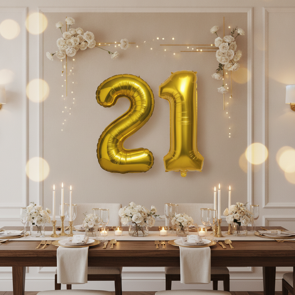 Gold 21st birthday party decoration with number balloons