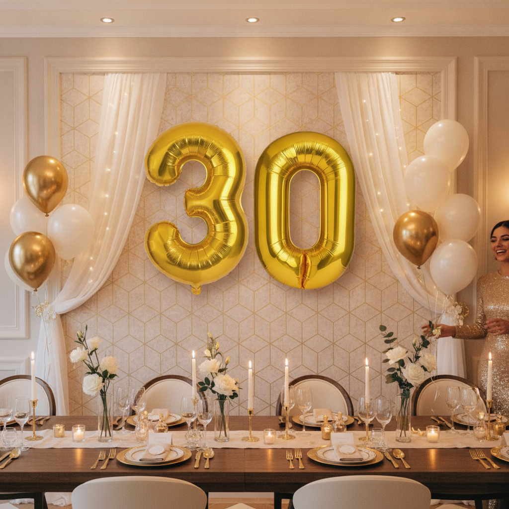 Gold 30th birthday party decoration with number balloons