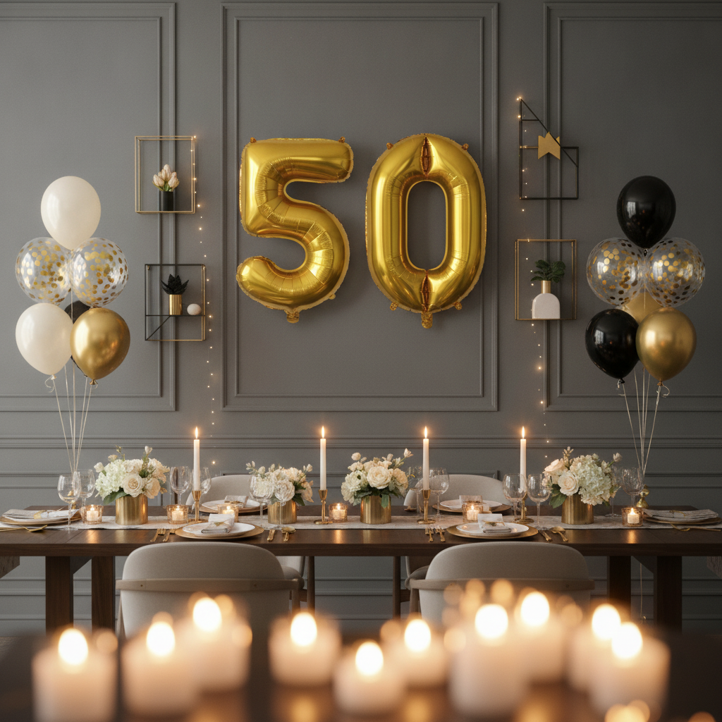 Gold 50th birthday party decoration with number balloons