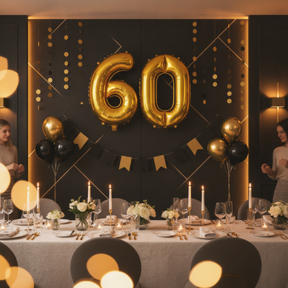 Gold 60th birthday party decoration with number balloons