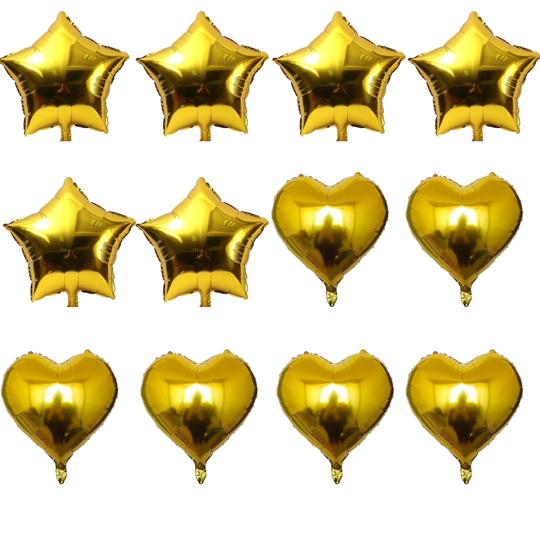 Gold Party Balloon Kit – 12 Metallic Foil Balloons | 6 Gold Stars & 6 Gold Hearts | Birthday, Wedding & Celebration Decor UK