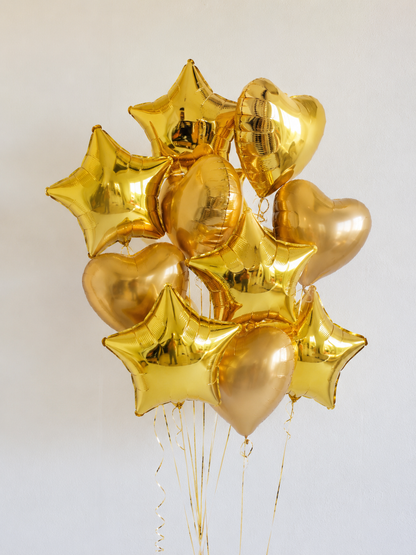 Gold Party Balloon Kit – 12 Metallic Foil Balloons | 6 Gold Stars & 6 Gold Hearts | Birthday, Wedding & Celebration Decor UK