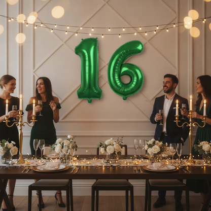 Green 16th birthday party decoration with number balloons