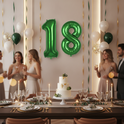 Green 18th birthday party decoration with number balloons