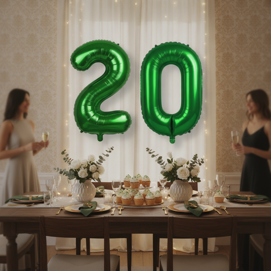 Green 20th birthday party decoration with number balloons