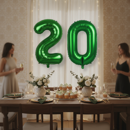 Green 20th birthday party decoration with number balloons