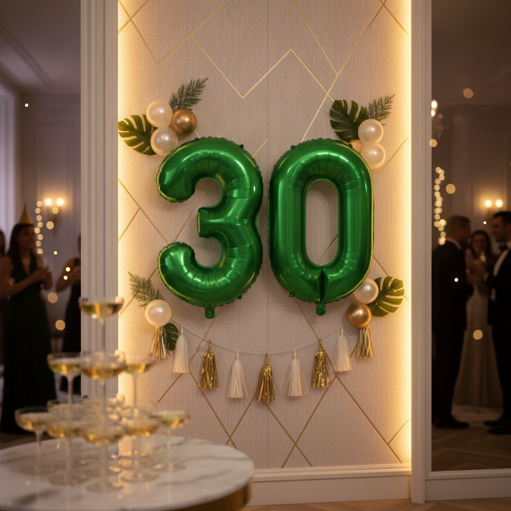 Green 30th birthday party decoration with number balloons
