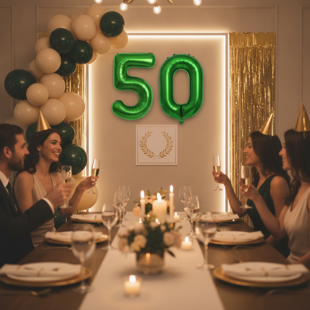 Green 50th birthday party decoration with number balloons