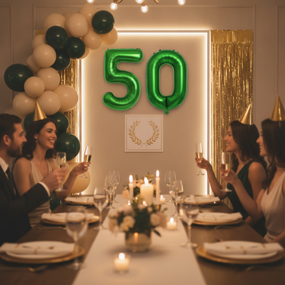 Green 50th birthday party decoration with number balloons