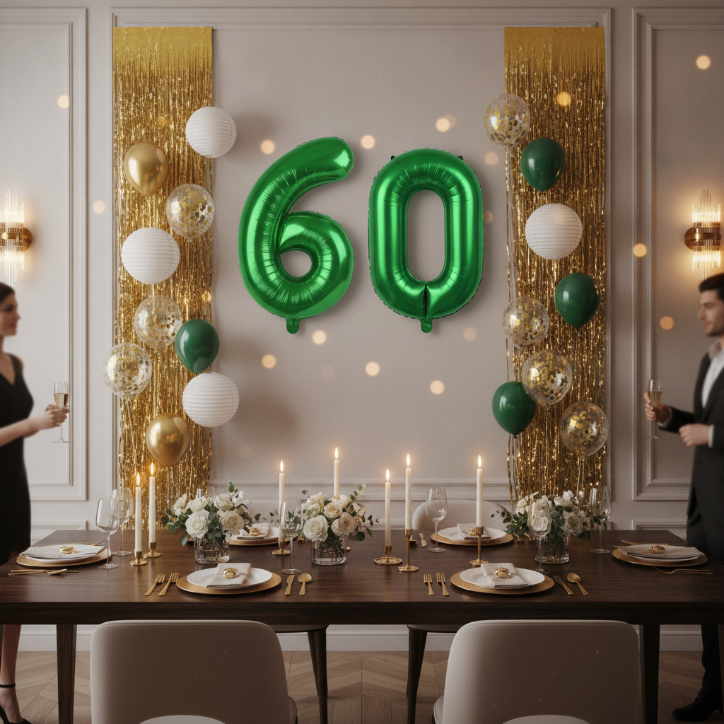 Green 60th birthday party decoration with number balloons