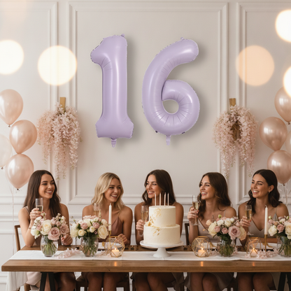 Lavender 16th birthday party decoration with number balloons