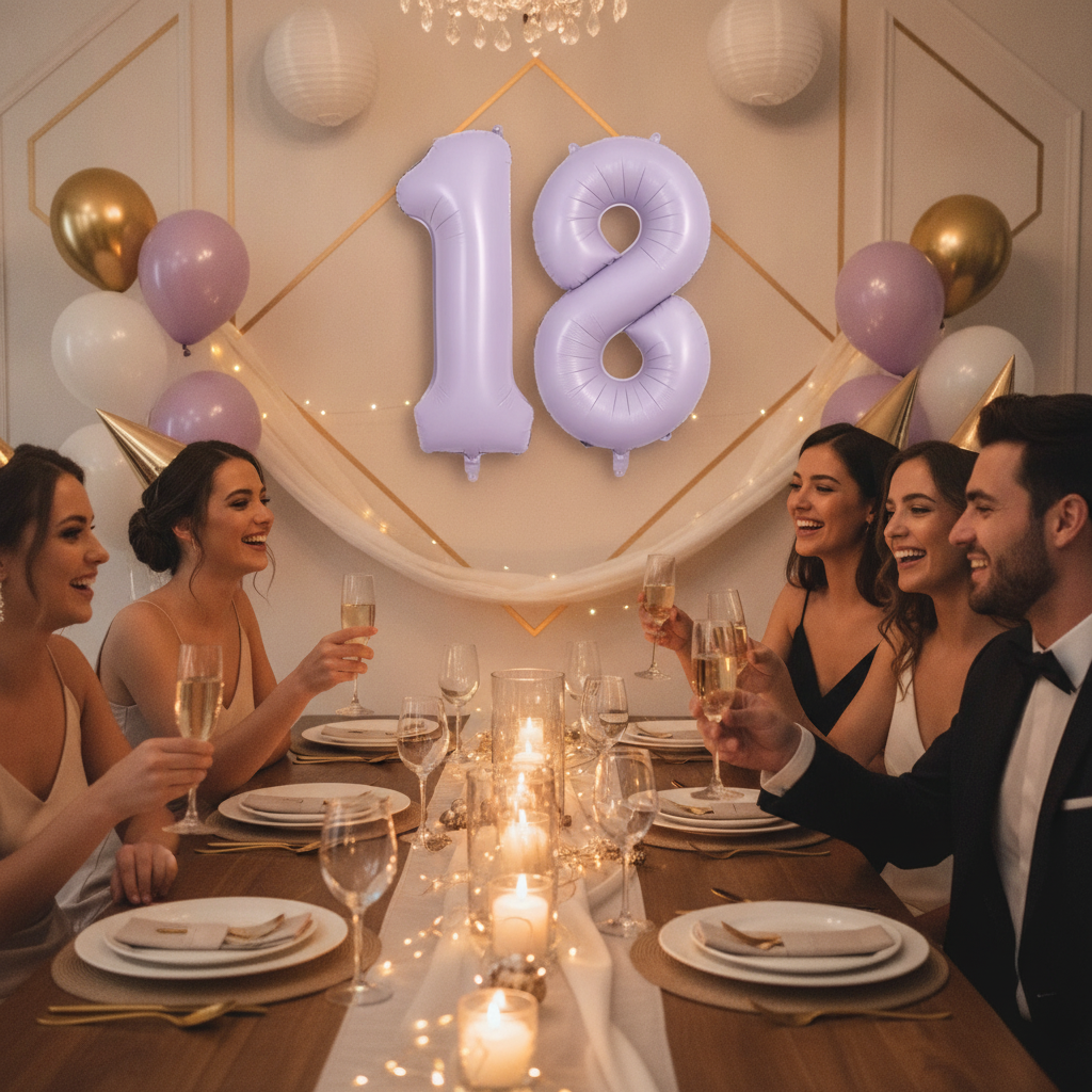 Lavender 18th birthday party decoration with number balloons