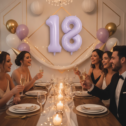Lavender 18th birthday party decoration with number balloons