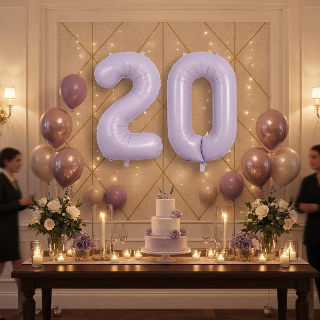 Lavender 20th birthday party decoration with number balloons