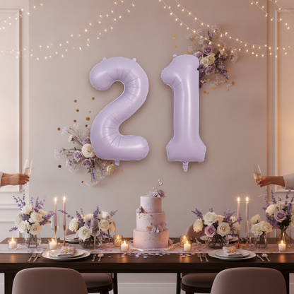 Lavender 21st birthday party decoration with number balloons