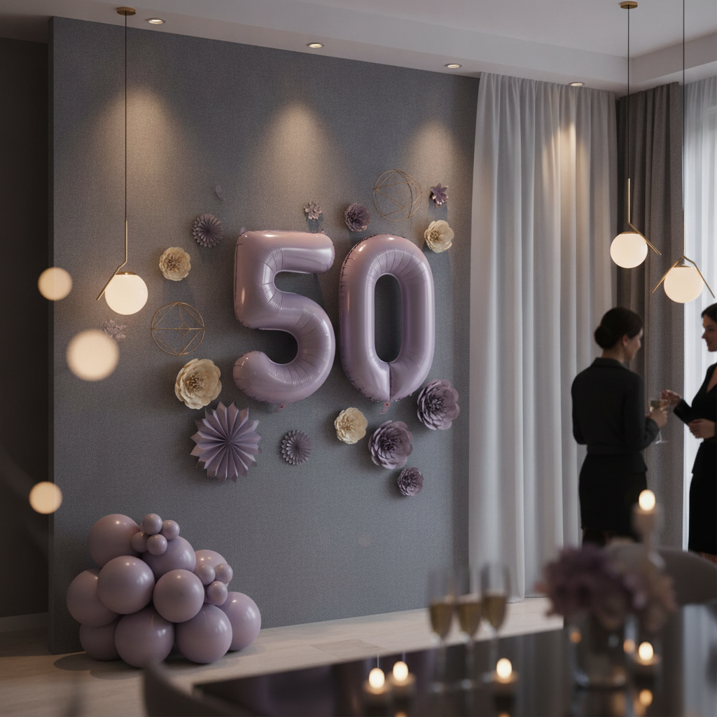 Lavender 50th birthday party decoration with number balloons