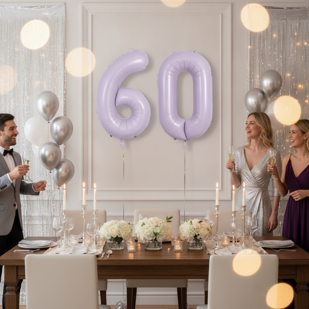 Lavender 60th birthday party decoration with number balloons