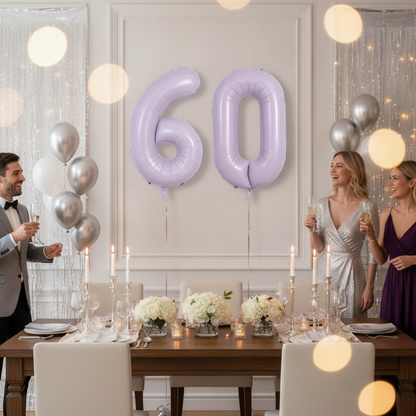 Lavender 60th birthday party decoration with number balloons