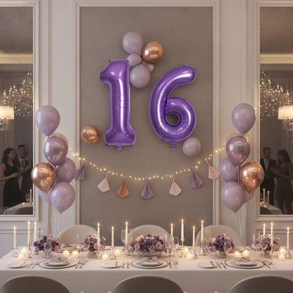 Purple 16th birthday party decoration with number balloons