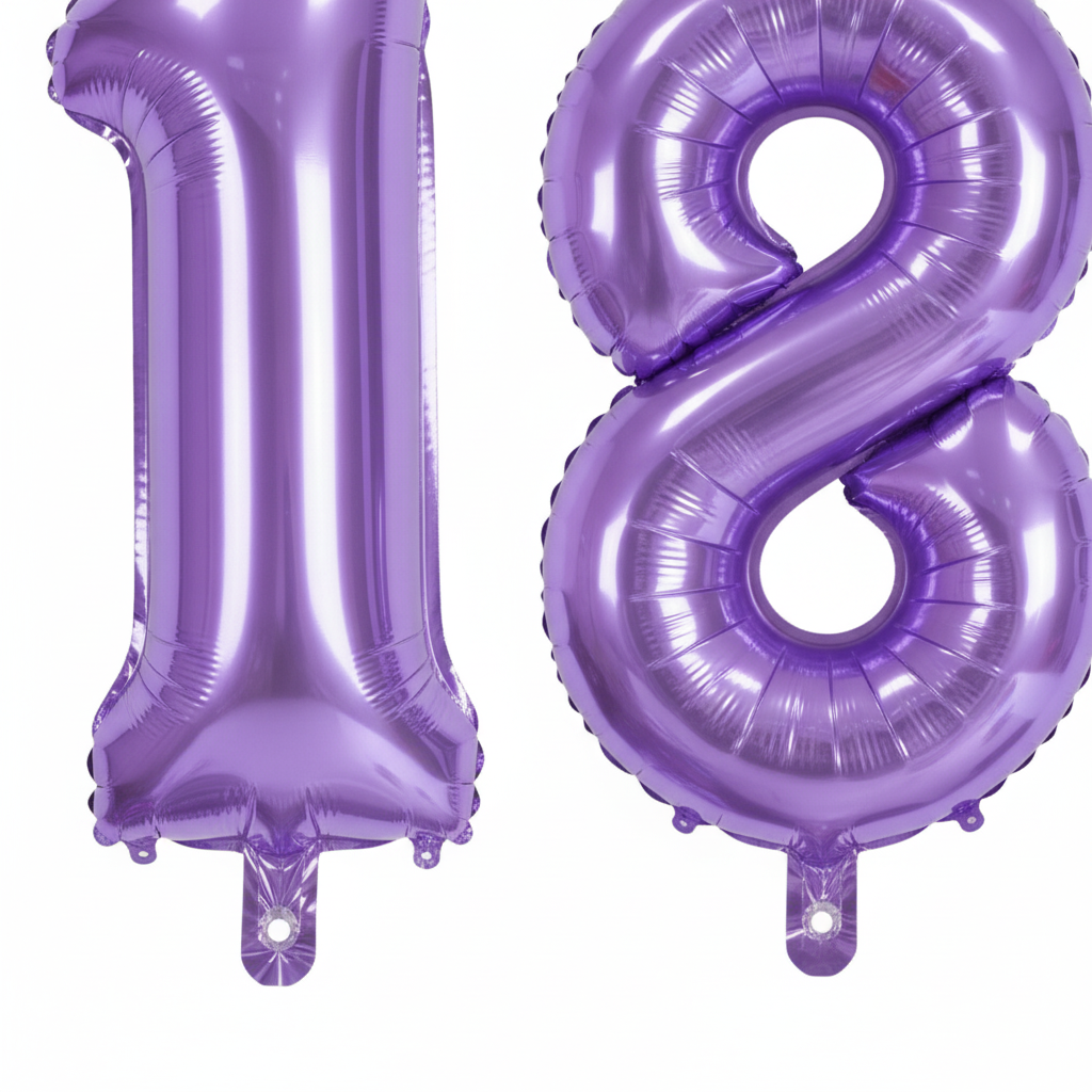 Purple 18th birthday 40 inch foil number balloons self-sealing valves and tabs close-up detail