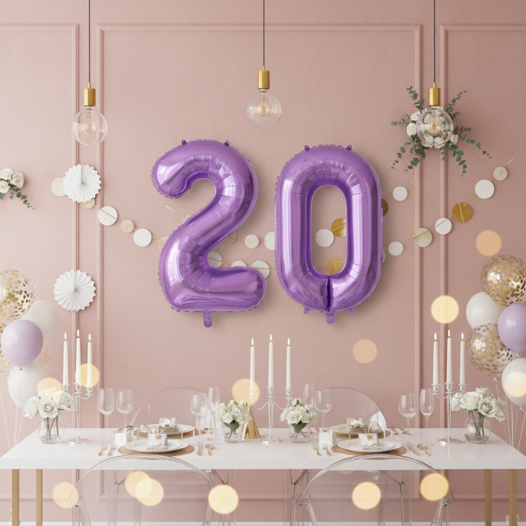 Purple 20th birthday party decoration with number balloons