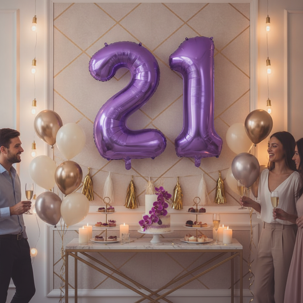 Purple 21st birthday party decoration with number balloons
