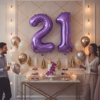 Purple 21st birthday party decoration with number balloons