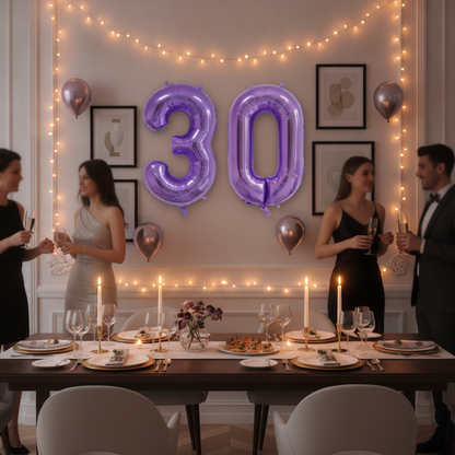 Purple 30th birthday party decoration with number balloons