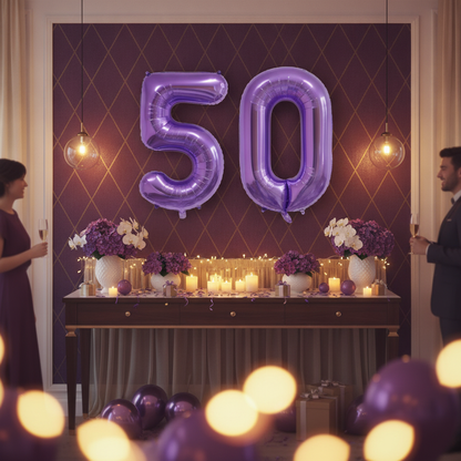 Purple 50th birthday party decoration with number balloons