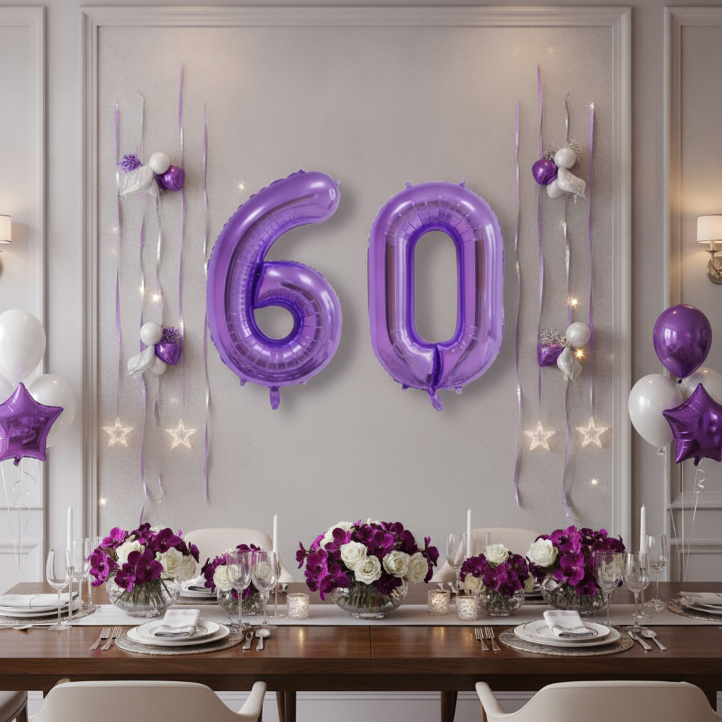 Purple 60th birthday party decoration with number balloons